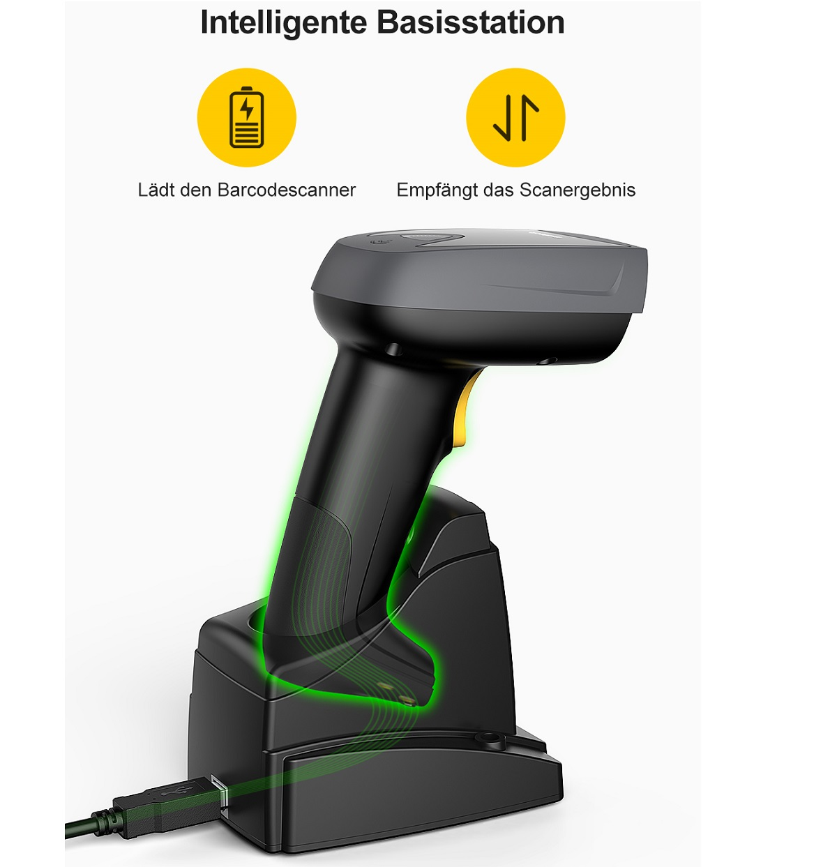 Barcodescanner in Ladestation. Schwarzer und grauer Scanner mit gelben Akzenten. USB-Kabel angeschlossen.