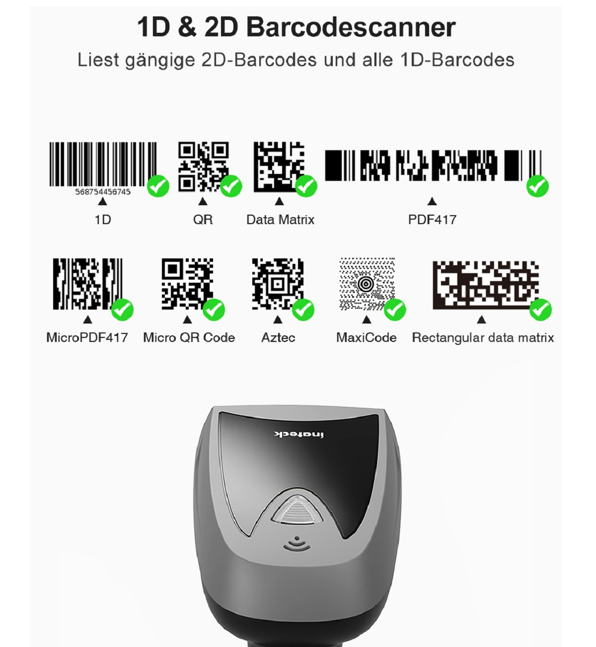 INATECK Barcode Scanner 2D Bluetooth, Barcode Scanner Scanner BCST-52 Ladestation, QR Code Wireless mit