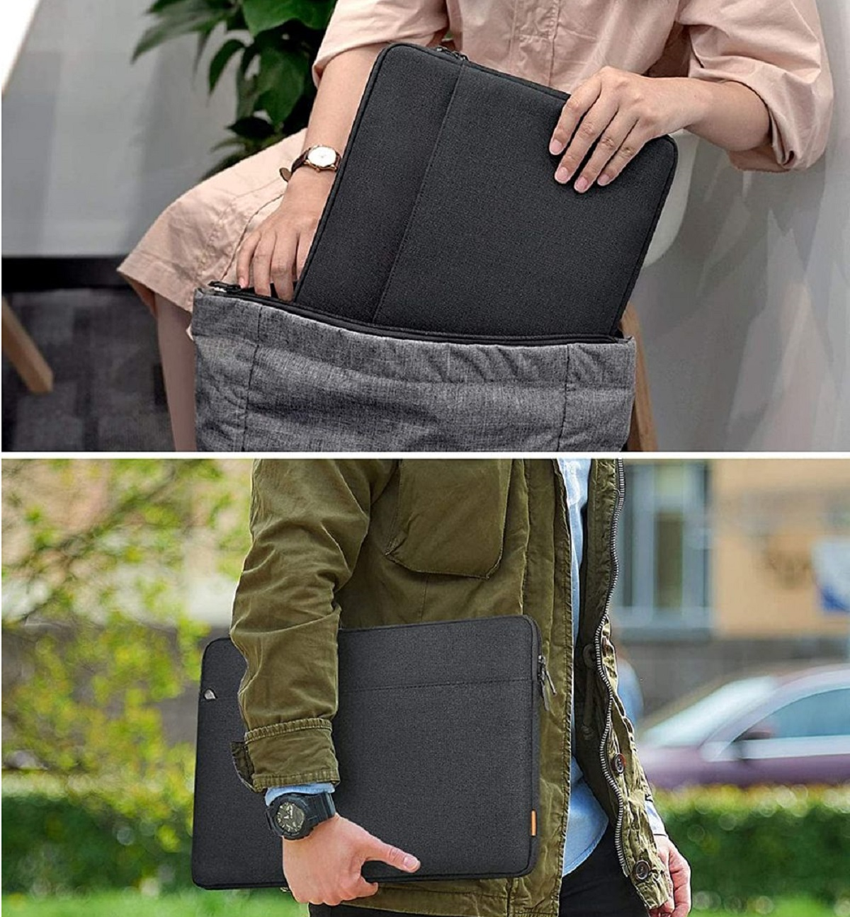 Zwei Bilder. Eine Frau legt einen Laptop in eine graue Tasche, und ein Mann hält einen Laptop.