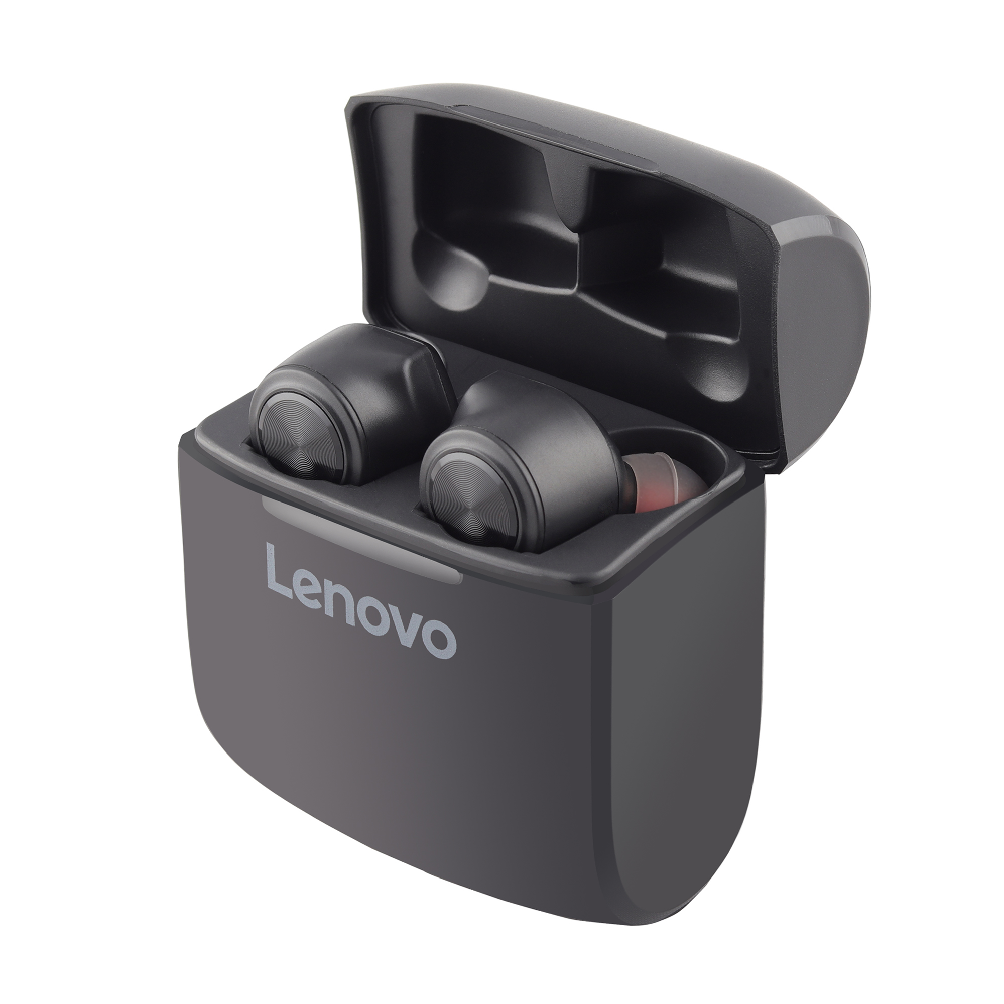 Schwarze Lenovo-Ohrhörer in einem Ladeetui. Das Etui ist geöffnet.