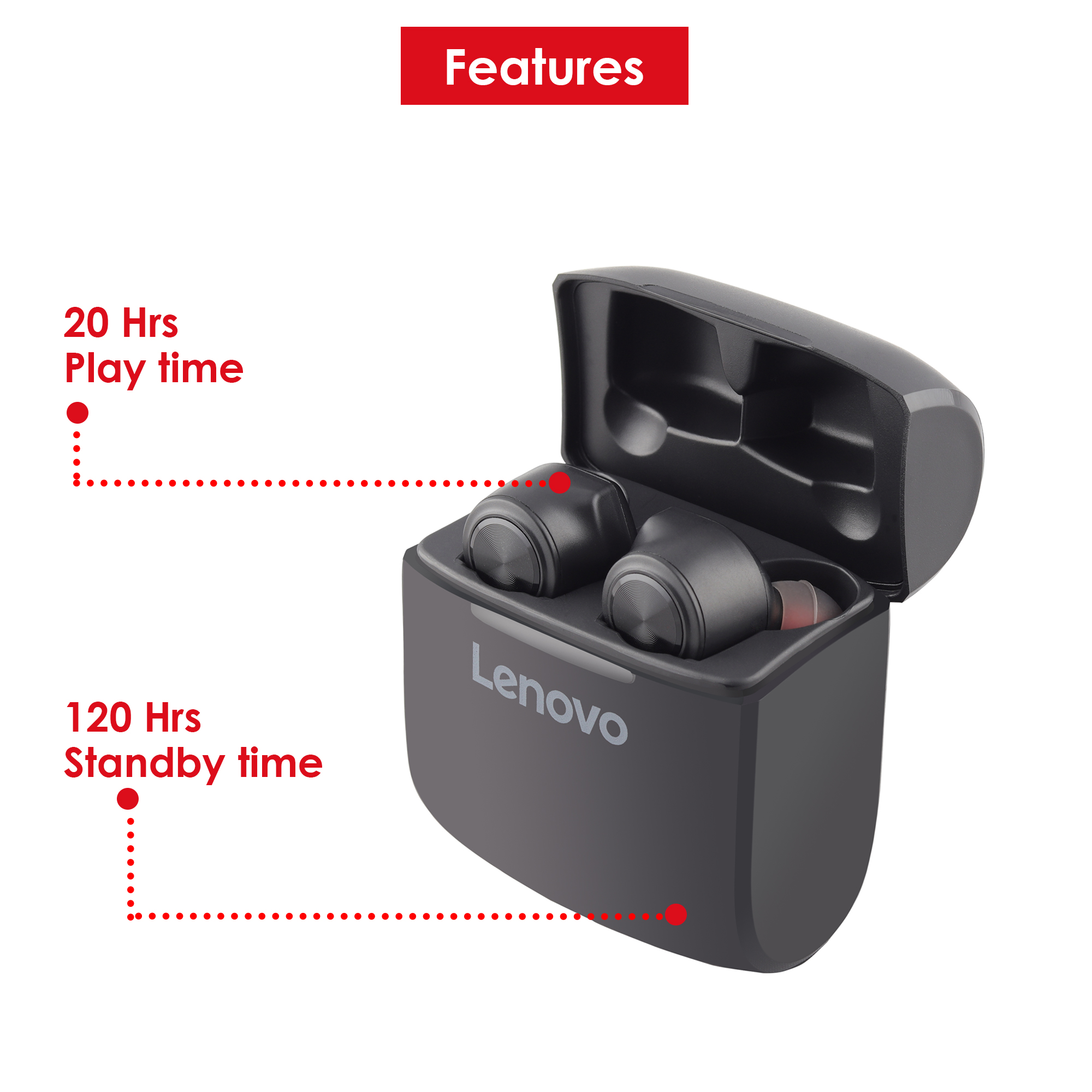 Kabellose Lenovo-Ohrhörer mit 20 Stunden Spielzeit und 120 Stunden Standby-Zeit.
