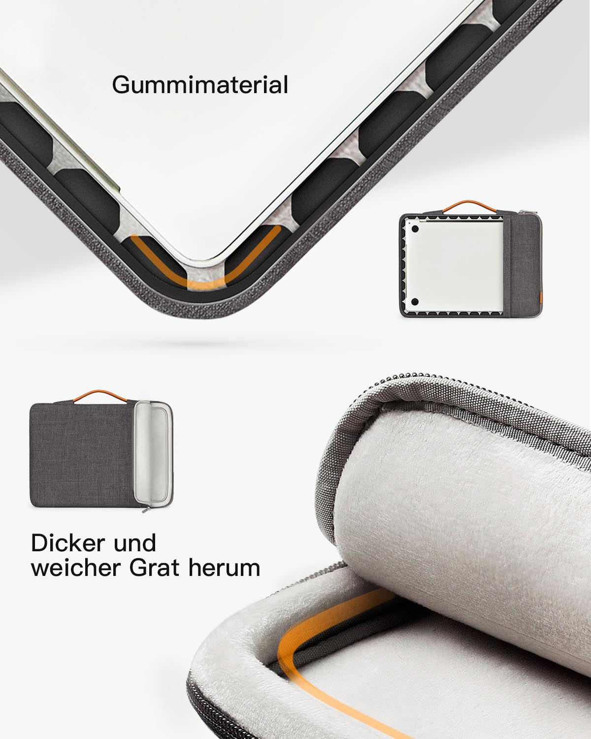 Eine graue Laptoptasche mit Laptop, Text „Gummiaterial“ und „Dicker und weicher Grat herum“.
