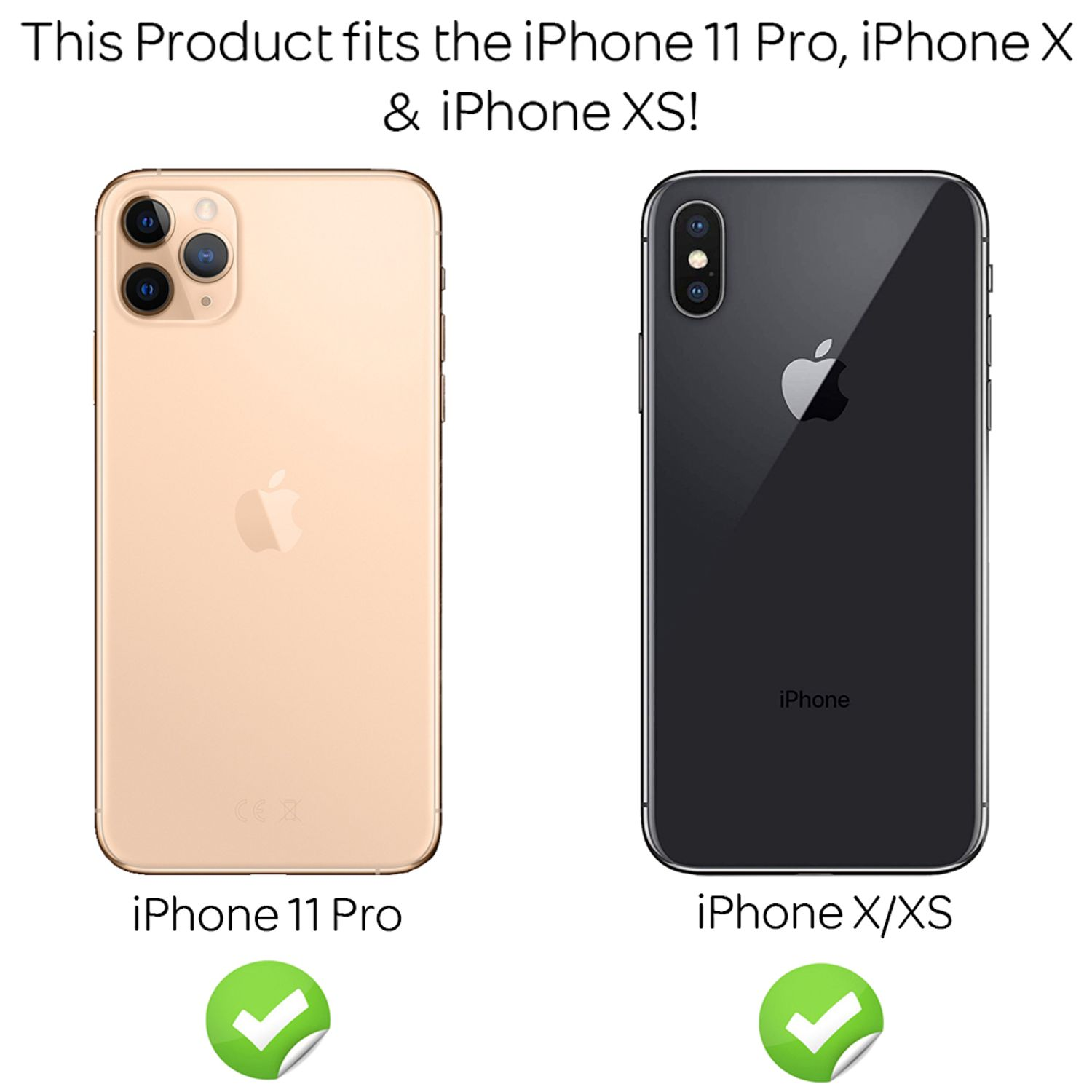 Deux iPhones, un doré, un noir, avec des coches indiquant la compatibilité.