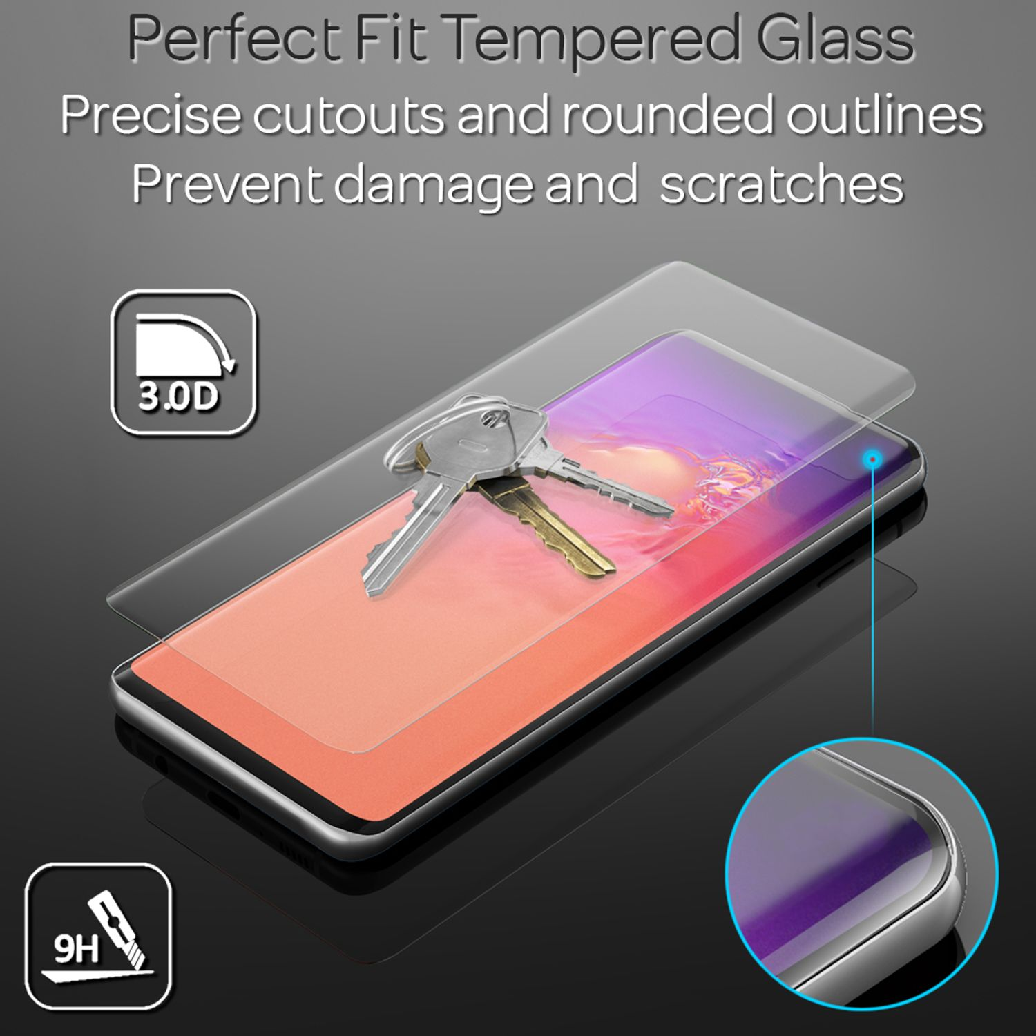 Un téléphone avec des clés sur un protecteur d'écran et le texte Perfect Fit.