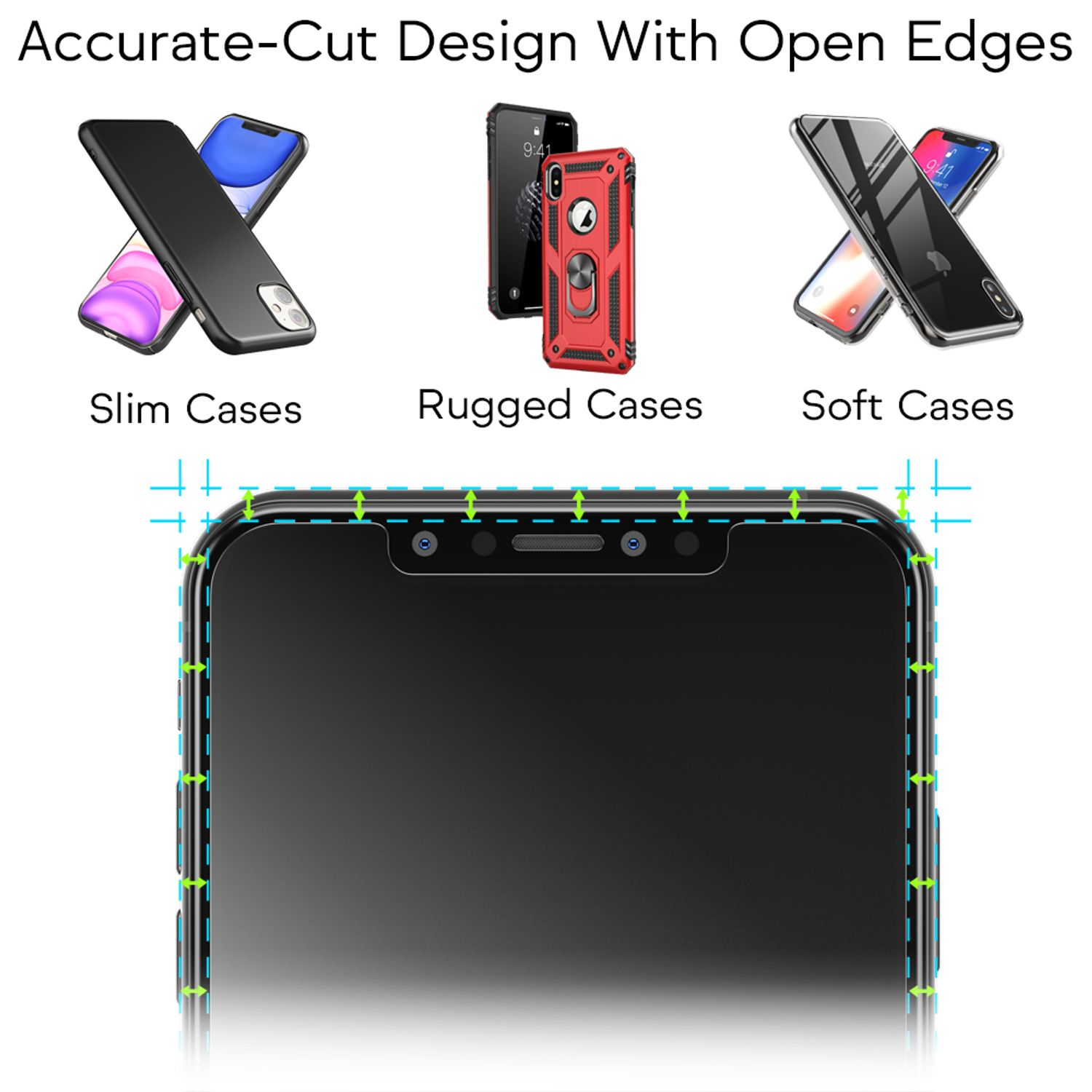 Trois téléphones avec différents étuis et étiquettes : Slim, Rugged, Soft.