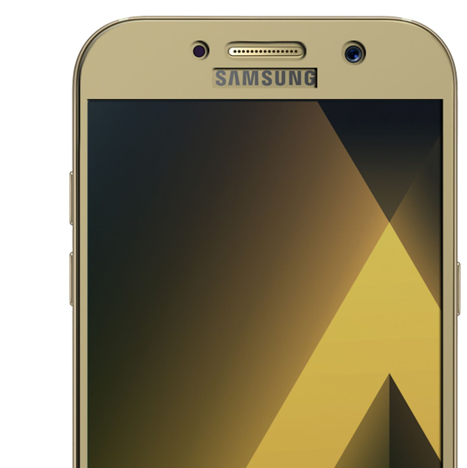Un téléphone doré avec le texte SAMSUNG en haut, montrant la partie supérieure.