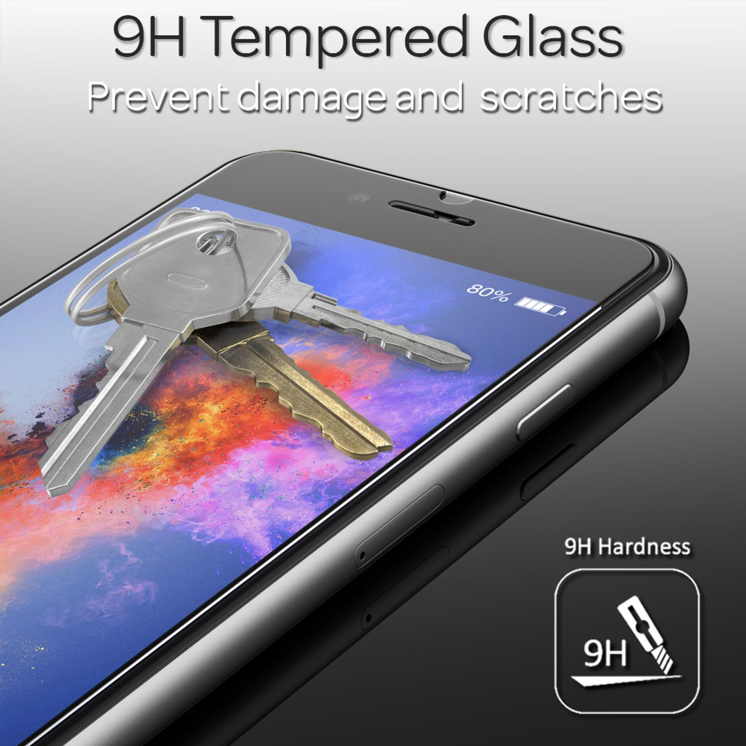 Un smartphone avec des clés à l'écran, protégé par un protecteur d'écran en verre trempé.