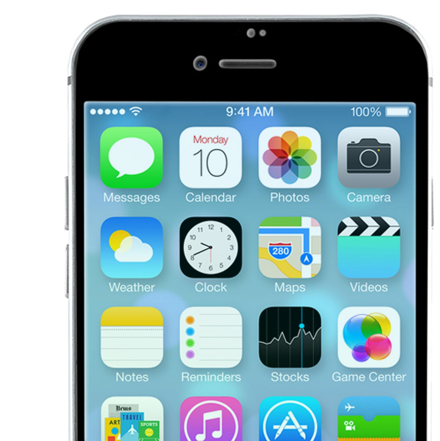 Gros plan sur l'écran d'un iPhone. Affiche les icônes d'applications telles que Messages, Calendrier et Photos.