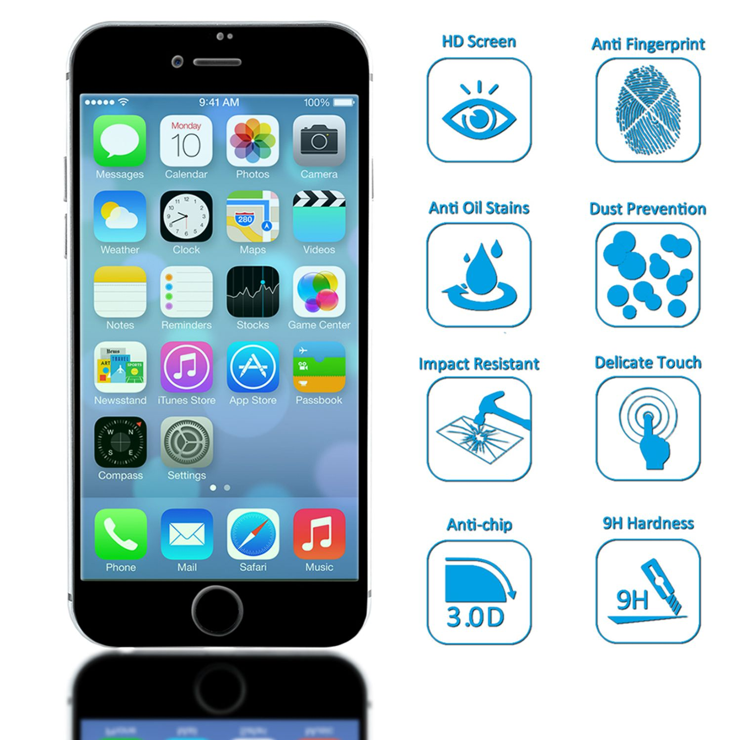 iPhone affiche des applications, l'heure et la batterie. Icônes montrent écran HD, anti-traces de doigts, anti-taches d'huile, protection contre la poussière.