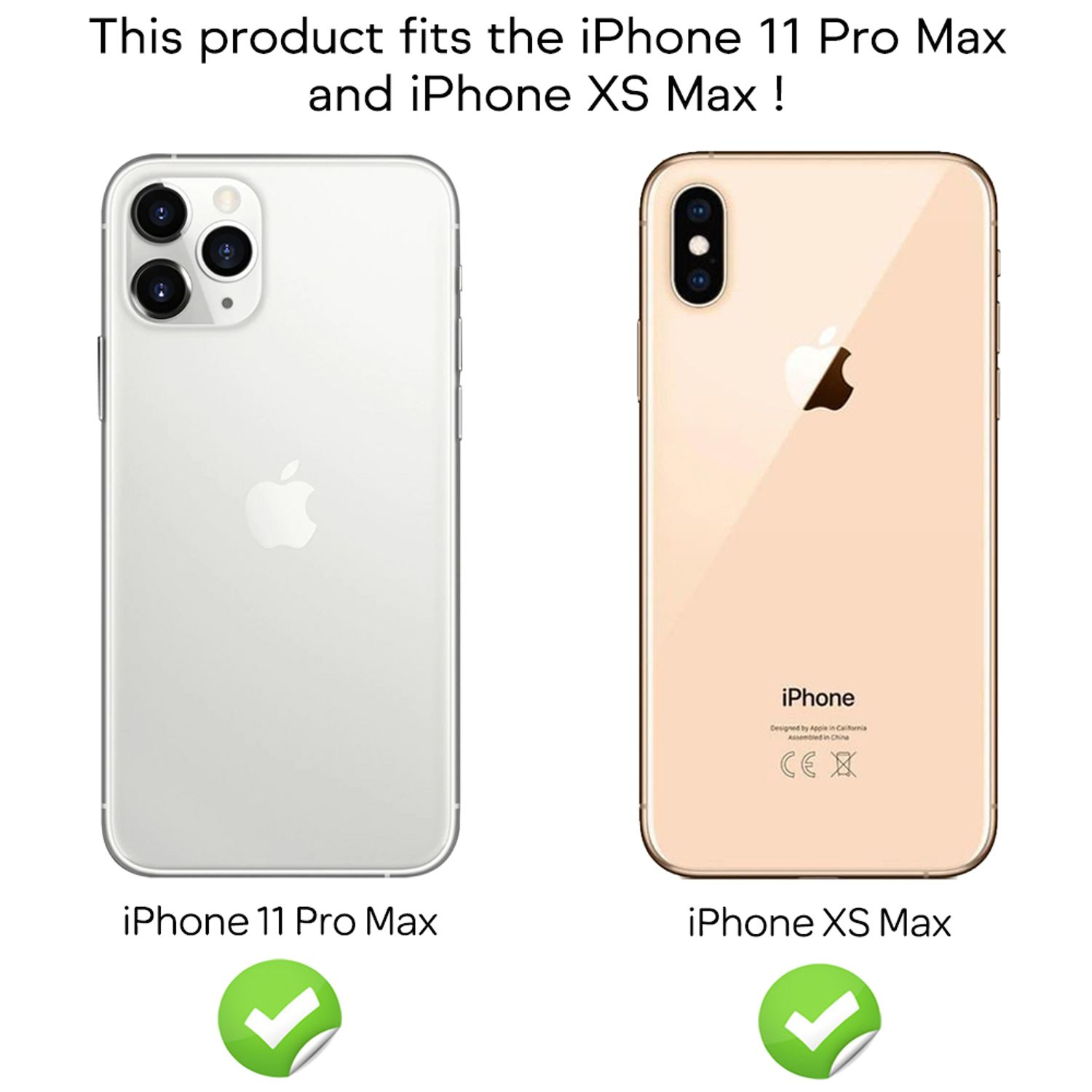 Deux iPhones, 11 Pro Max et XS Max, sont affichés. Les deux ont une coche, indiquant la compatibilité avec le produit.