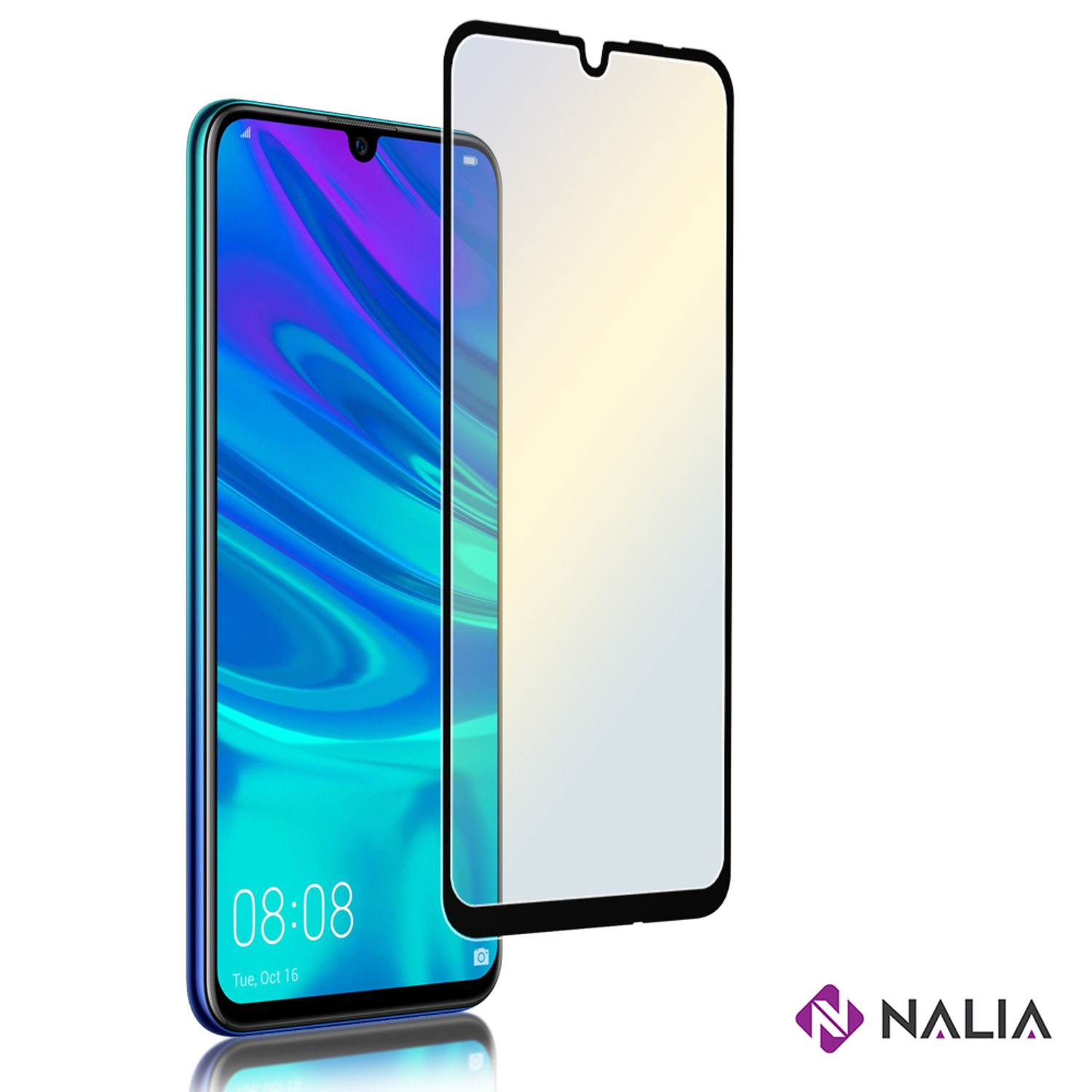 Téléphone avec protecteur d'écran appliqué. Logo Nalia en bas à droite.