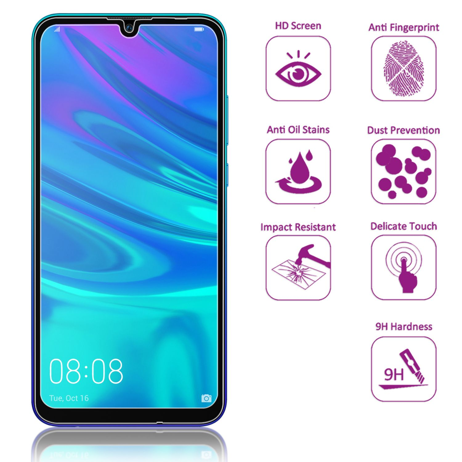 Écran de téléphone affichant l'heure et la date avec des icônes de protection. L'écran est bleu.