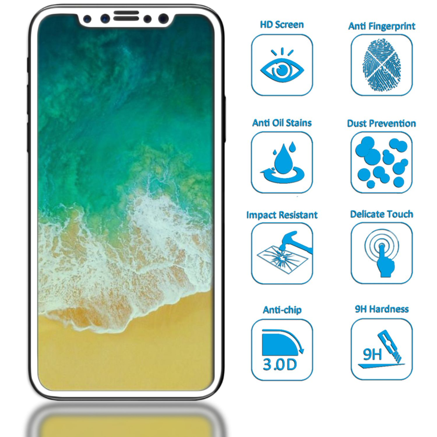Téléphone avec protecteur d'écran. Icônes affichent caractéristiques: HD, anti-traces, anti-taches, anti-poussière, résistant aux chocs.