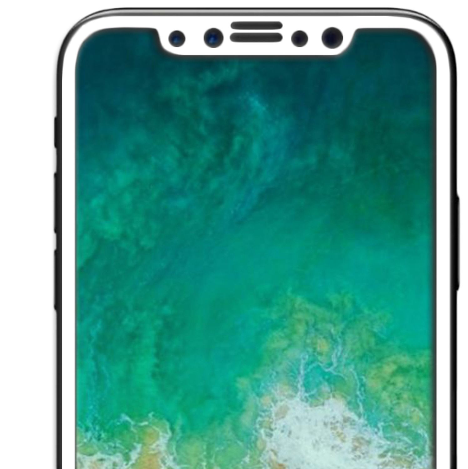 Écran de smartphone avec fond d'eau. Le haut a des capteurs. Le téléphone est noir.