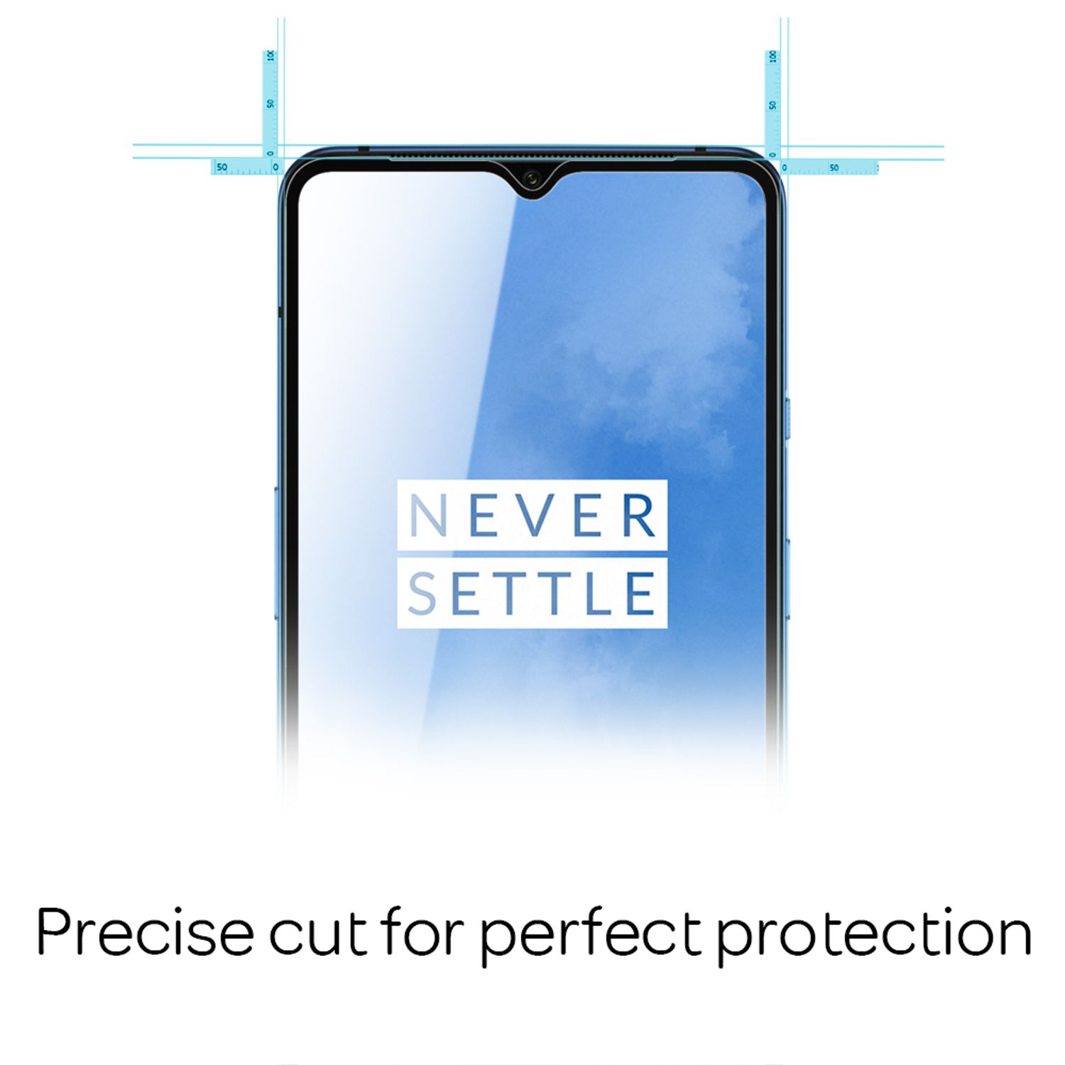 Écran de smartphone avec les mots 'Never Settle'. Fond bleu.