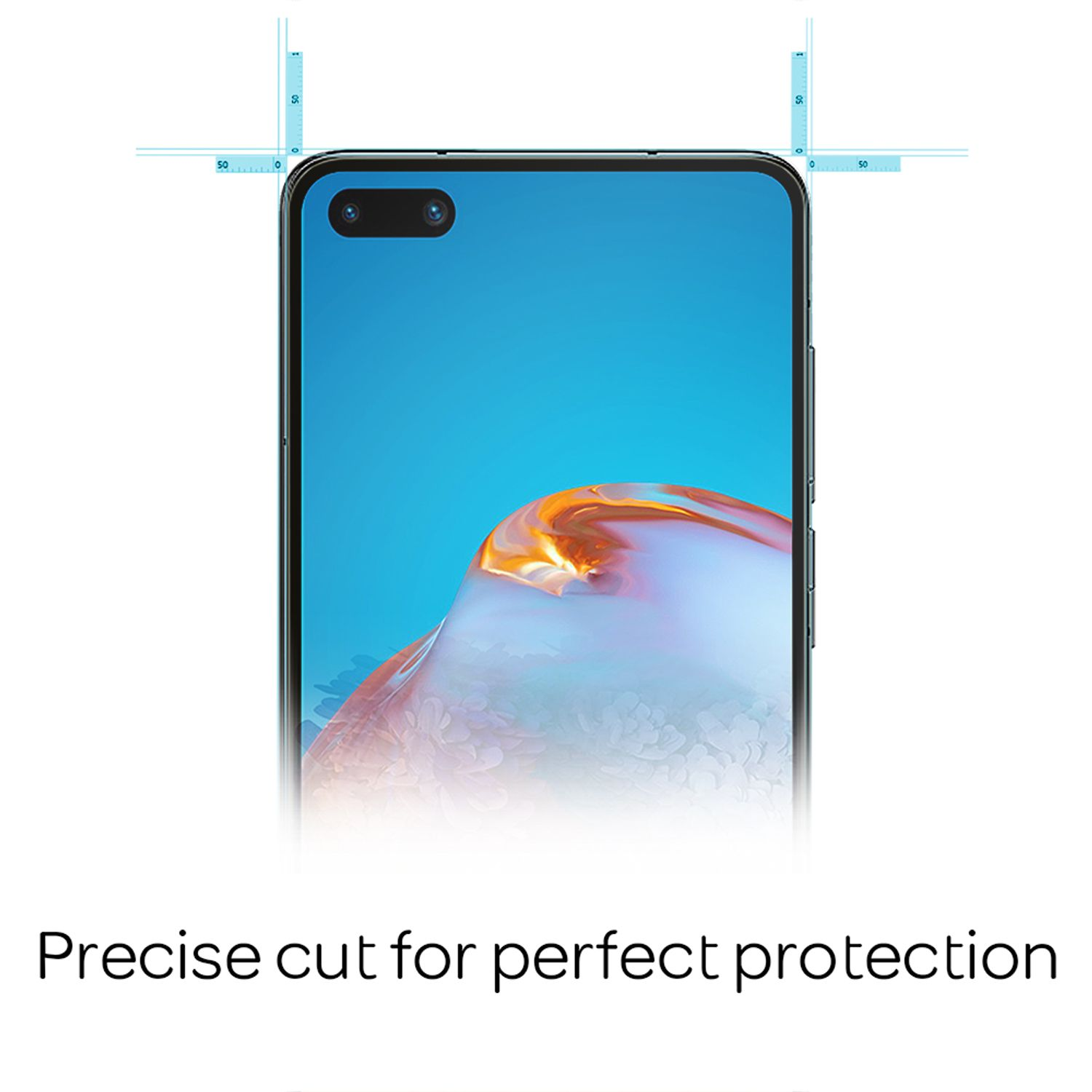 Un smartphone avec écran bleu est affiché. Le texte "Coupe précise pour une protection parfaite" est en bas.