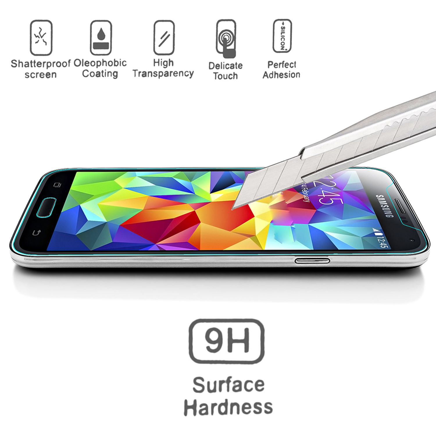 Écran de téléphone avec protecteur coupé avec un couteau. Caractéristiques du protecteur sont affichées.