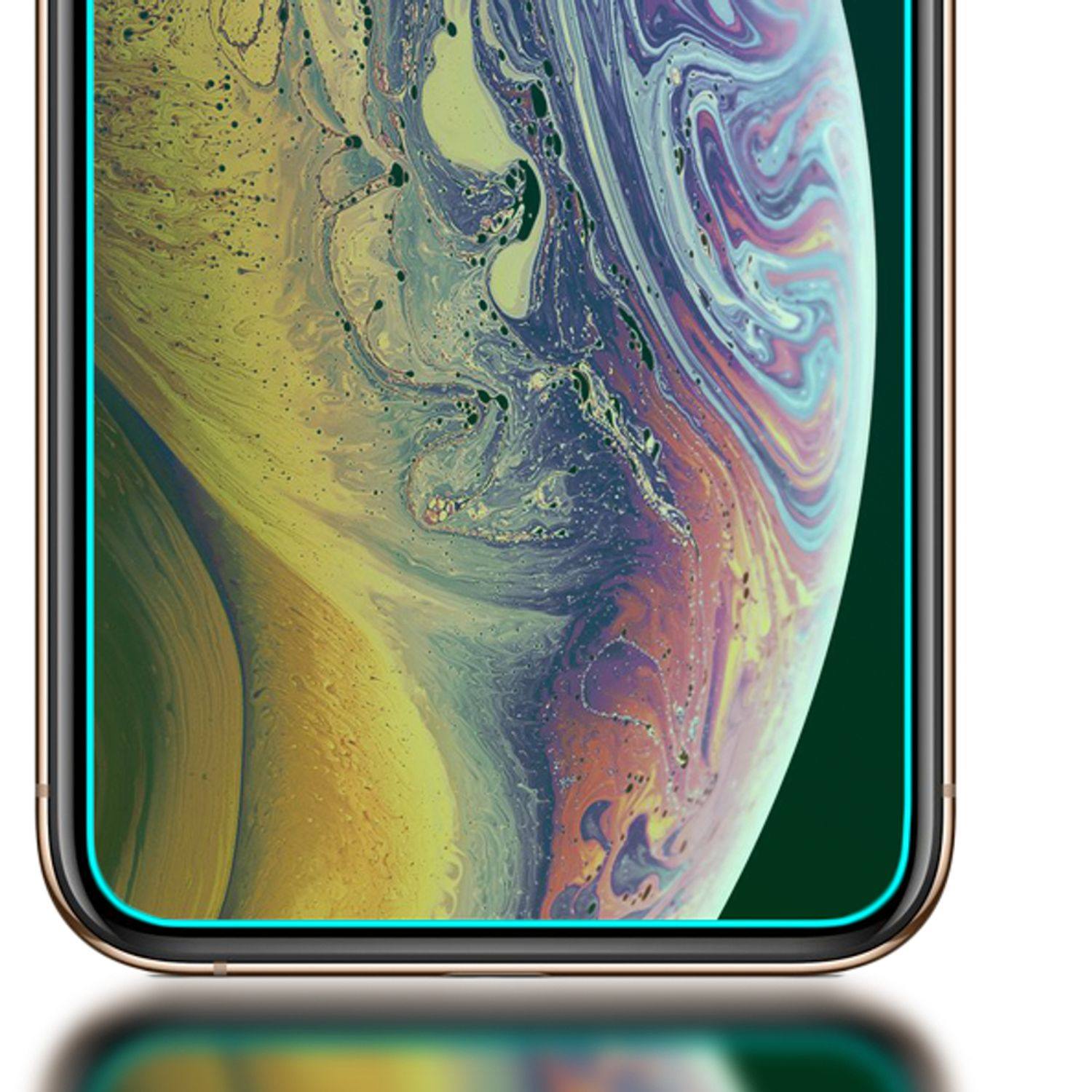 Gros plan sur téléphone avec protecteur d'écran appliqué. L'écran affiche une image d'une planète.