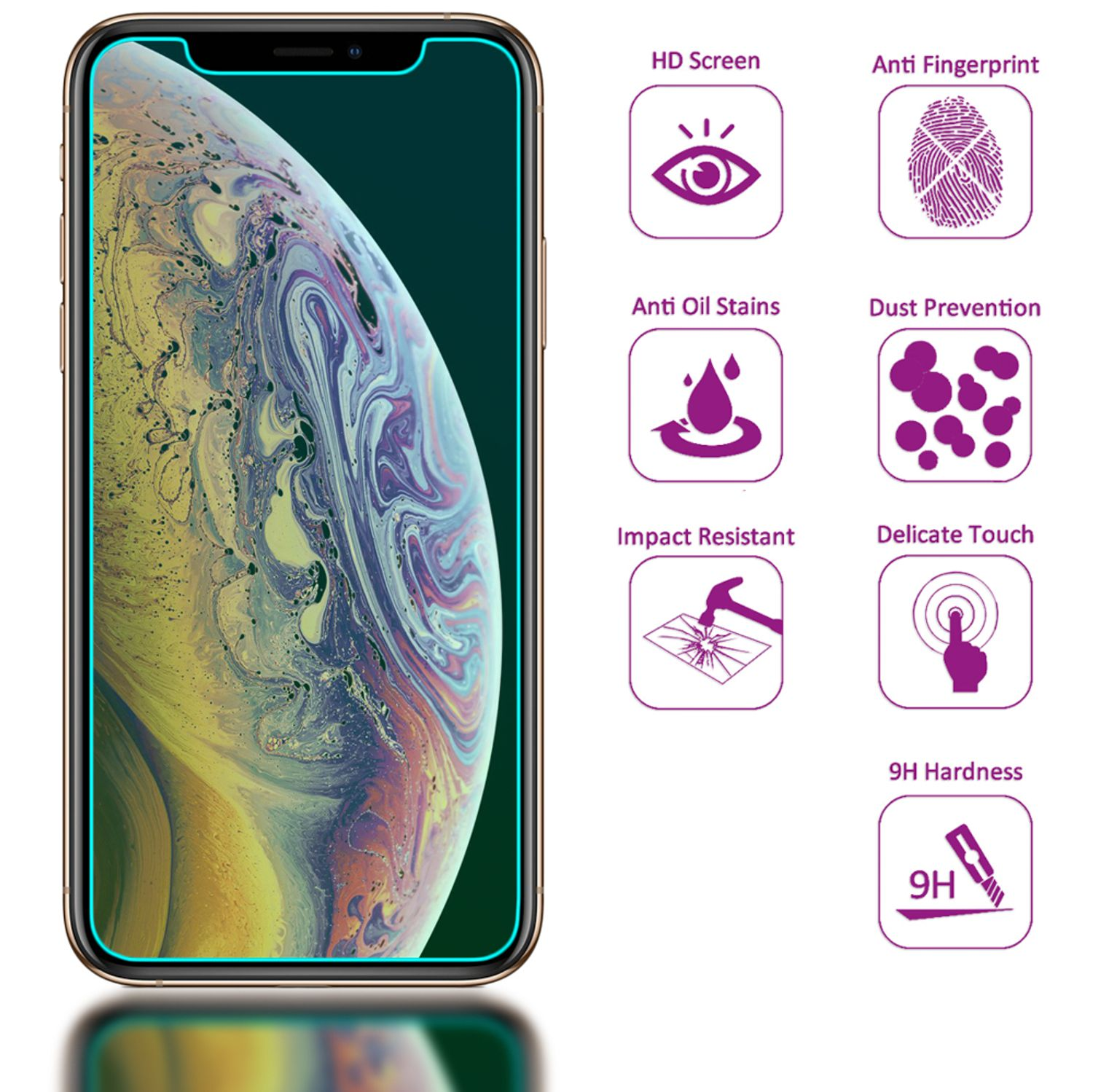 Protecteur d'écran de smartphone avec icônes: HD, anti-traces et résistant aux chocs.