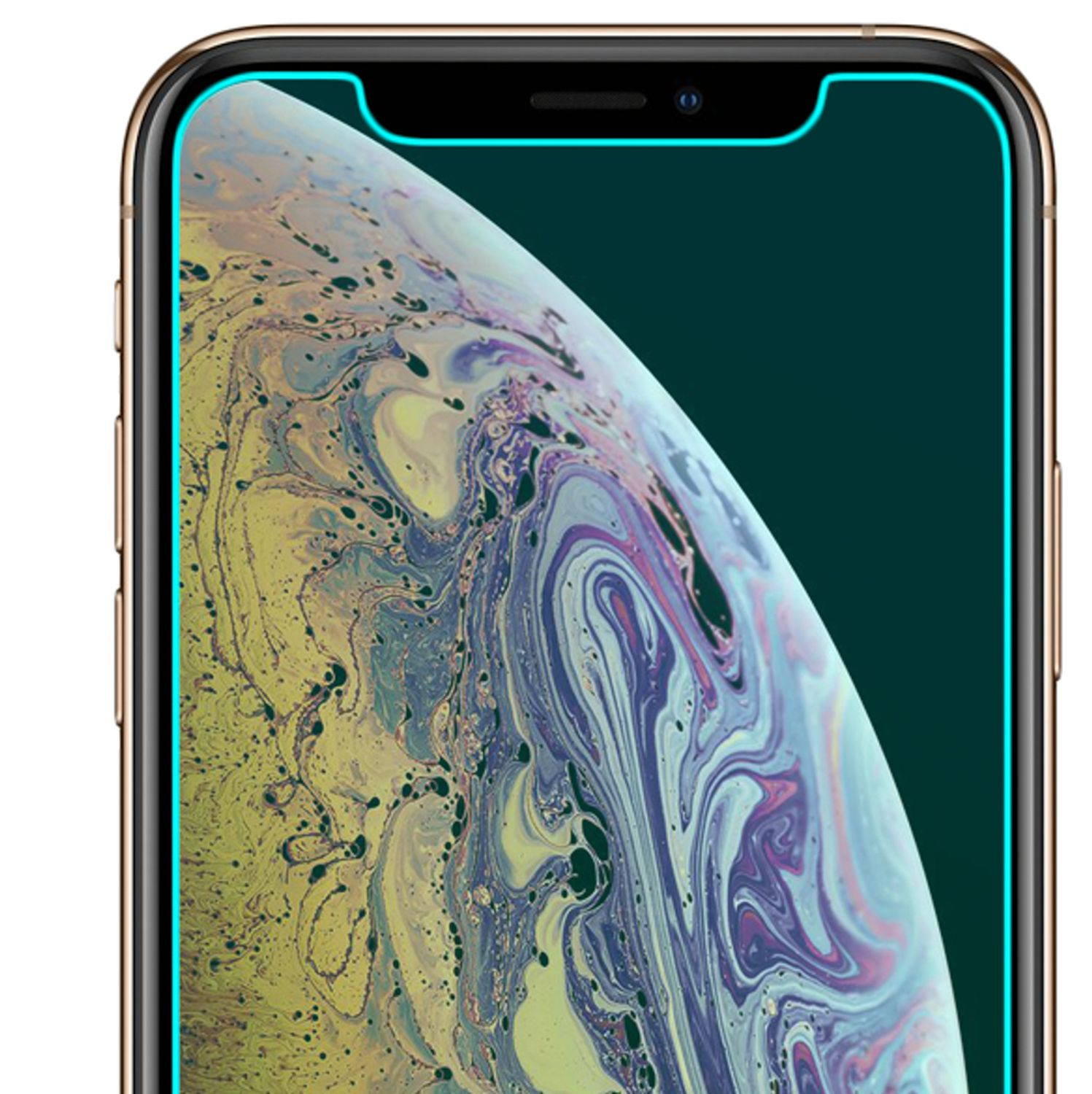 Gros plan d'un écran de téléphone avec protecteur. L'écran a un fond coloré et ondulé.