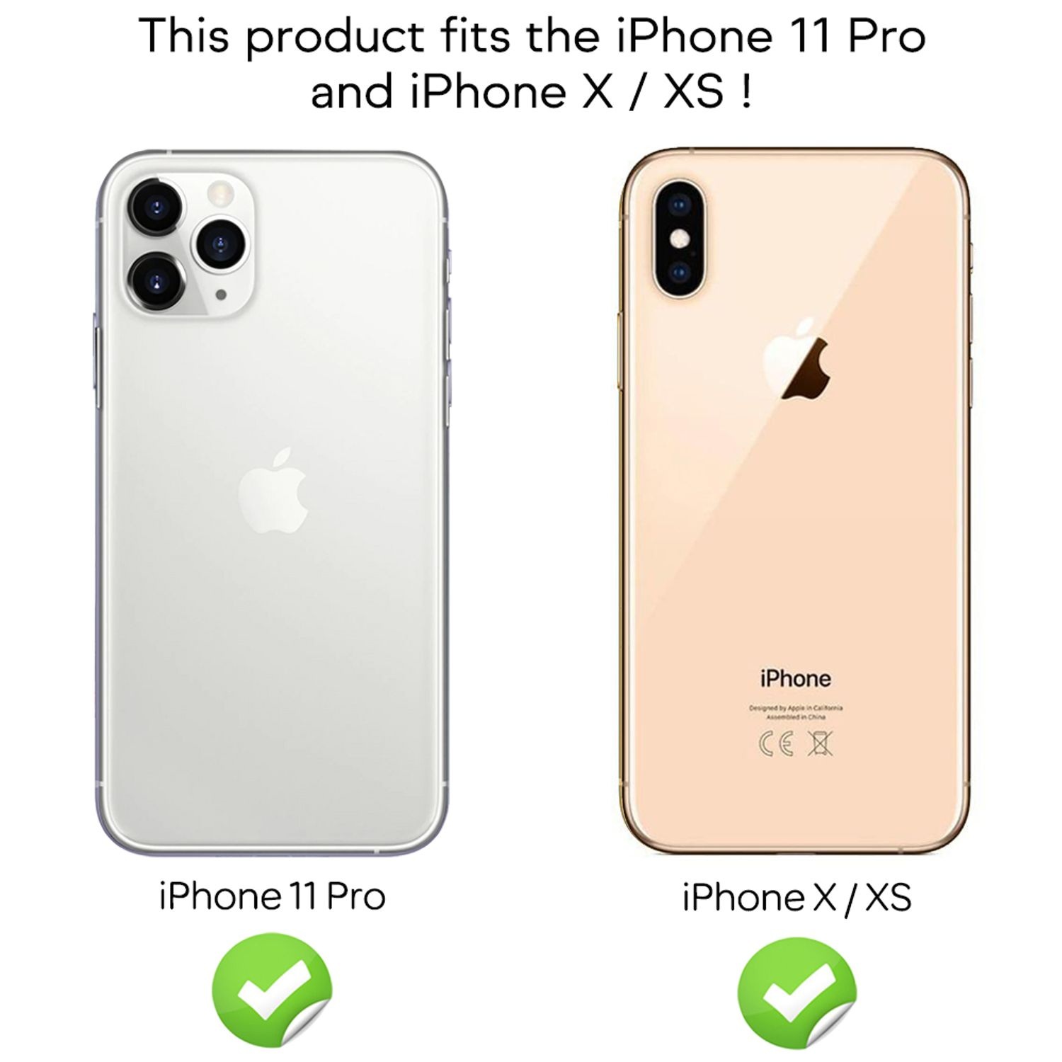 Deux iPhones, iPhone 11 Pro et iPhone X/XS. Les deux ont des coches vertes, indiquant la compatibilité.