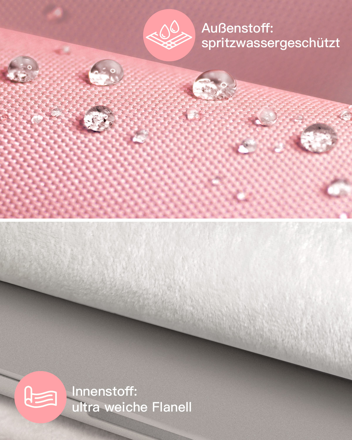 Nahaufnahme von rosa Stoff mit Wassertropfen und weißem, flauschigem Innenraum. Text weist auf wasserdichten Stoff hin.