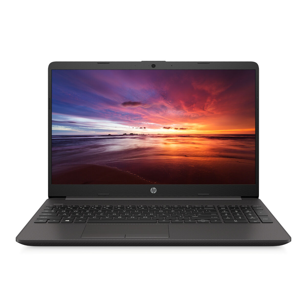 Schwarzer Laptop auf weißem Hintergrund. Der Bildschirm zeigt eine Sonnenuntergangsszene über dem Wasser.