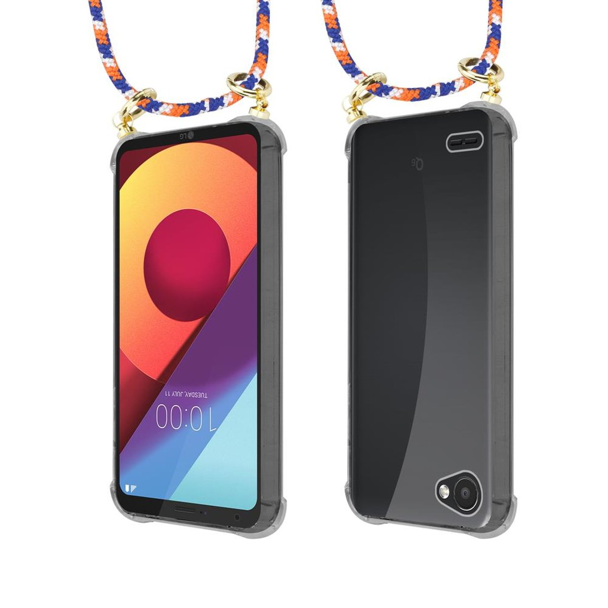 CADORABO Handy Kette Kordel Q6 Backcover, Hülle, mit abnehmbarer / LG, G6 Band MINI, und BLAU ORANGE WEIß Gold Ringen