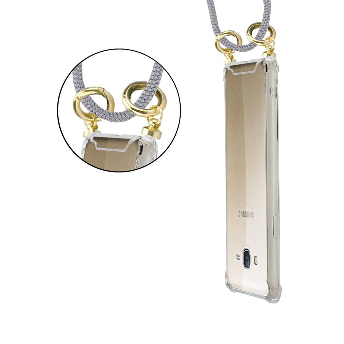 CADORABO Handy Kette mit Gold J7 Band SILBER Hülle, Ringen, und Galaxy 2015, Backcover, Samsung, GRAU abnehmbarer Kordel