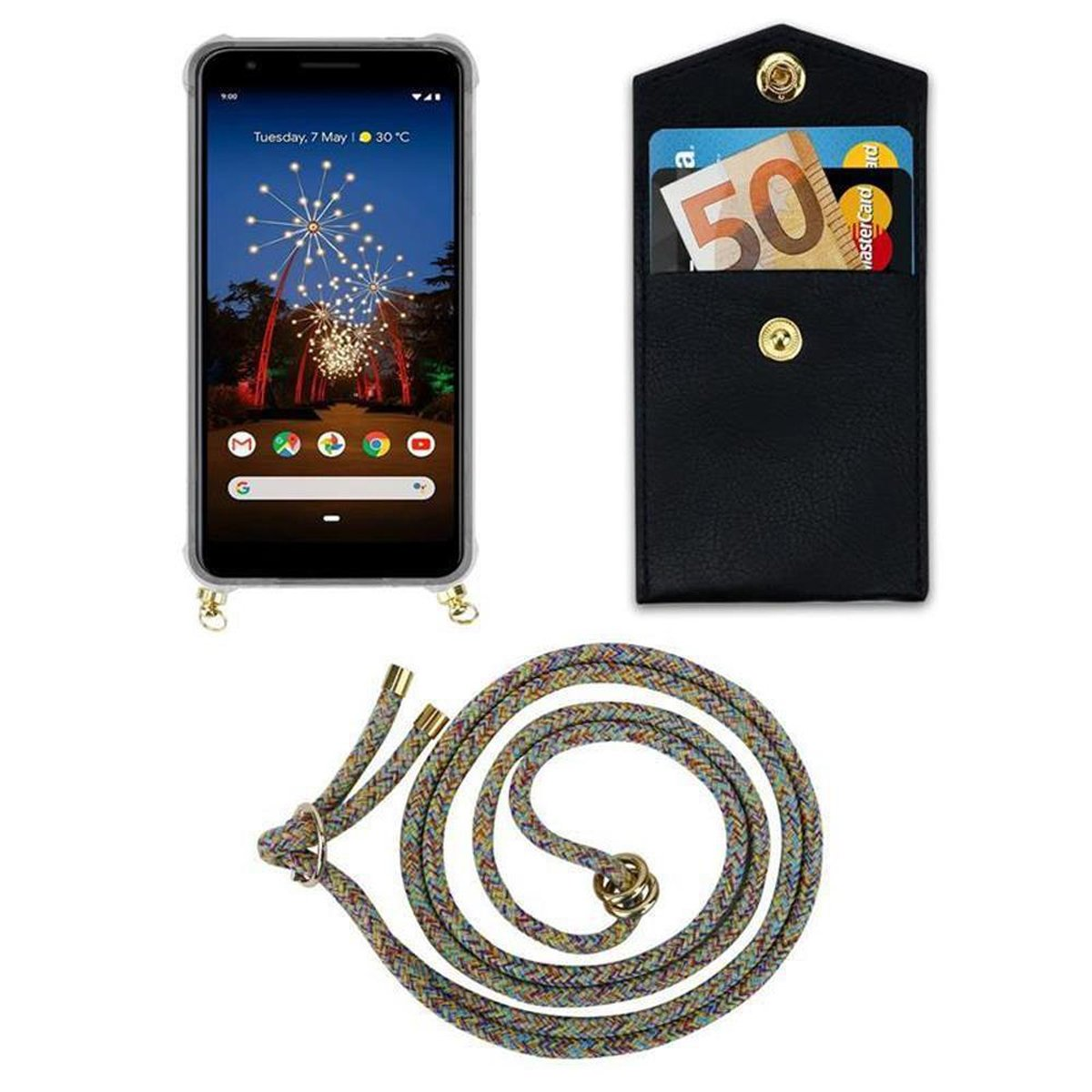 CADORABO Handy Kette mit Gold Backcover, Ringen, PIXEL Hülle, RAINBOW Google, und Kordel 3A, Band abnehmbarer