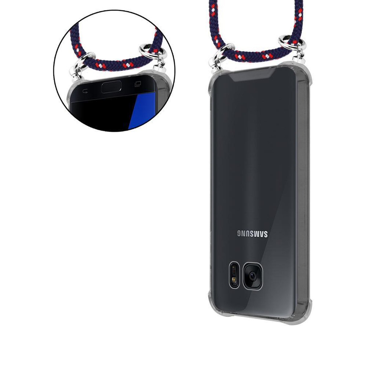 Due telefoni in custodie trasparenti con un cinturino in corda blu navy e rossa.