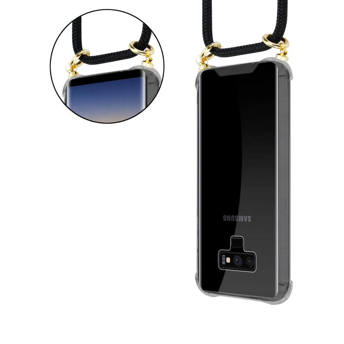 CADORABO Handy SCHWARZ Galaxy Kette Hülle, abnehmbarer Gold Ringen, und Kordel Backcover, Samsung, mit NOTE Band 9
