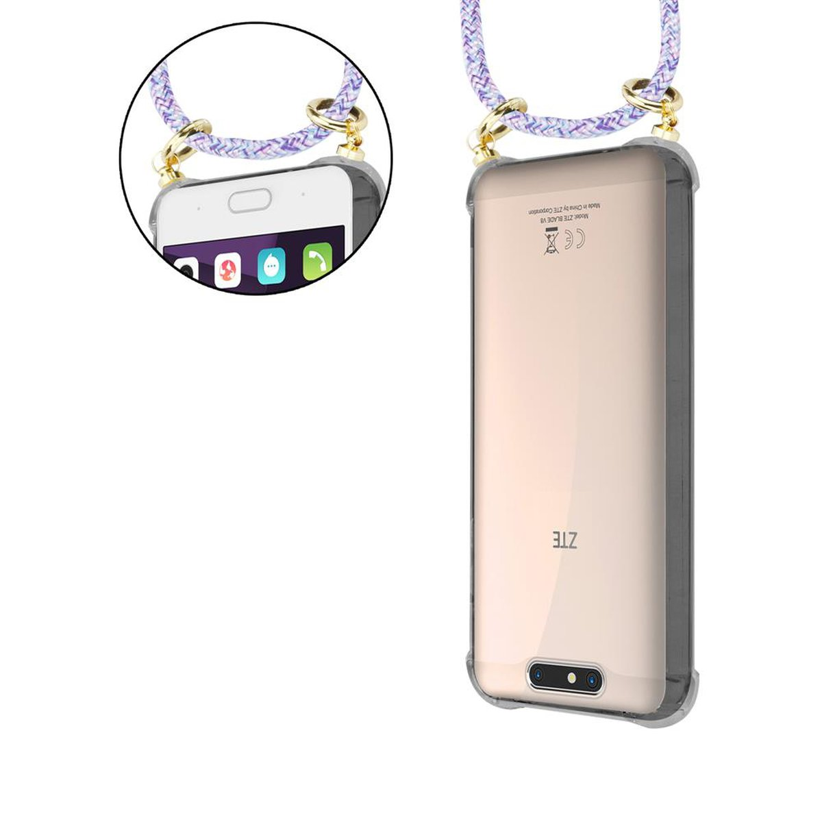 Telefon in klarer Hülle, gehalten von einem Seilband, mit Nahaufnahme des Telefons.