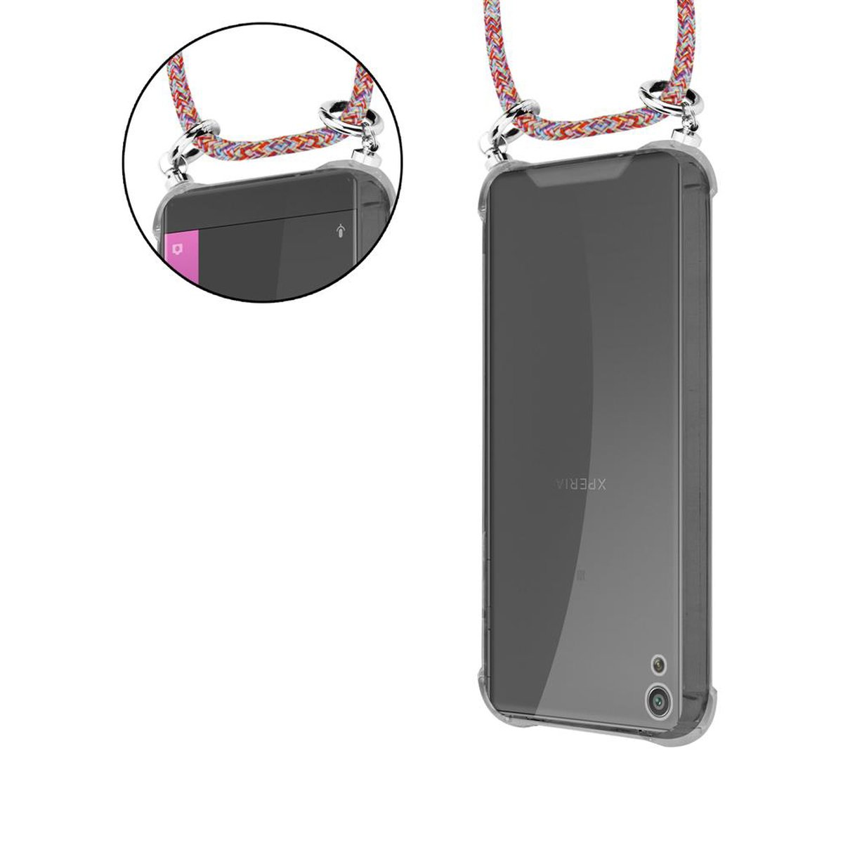 CADORABO Handy Kette Hülle, mit XA, Backcover, abnehmbarer Band und Sony, Silber Ringen, PARROT Kordel Xperia COLORFUL