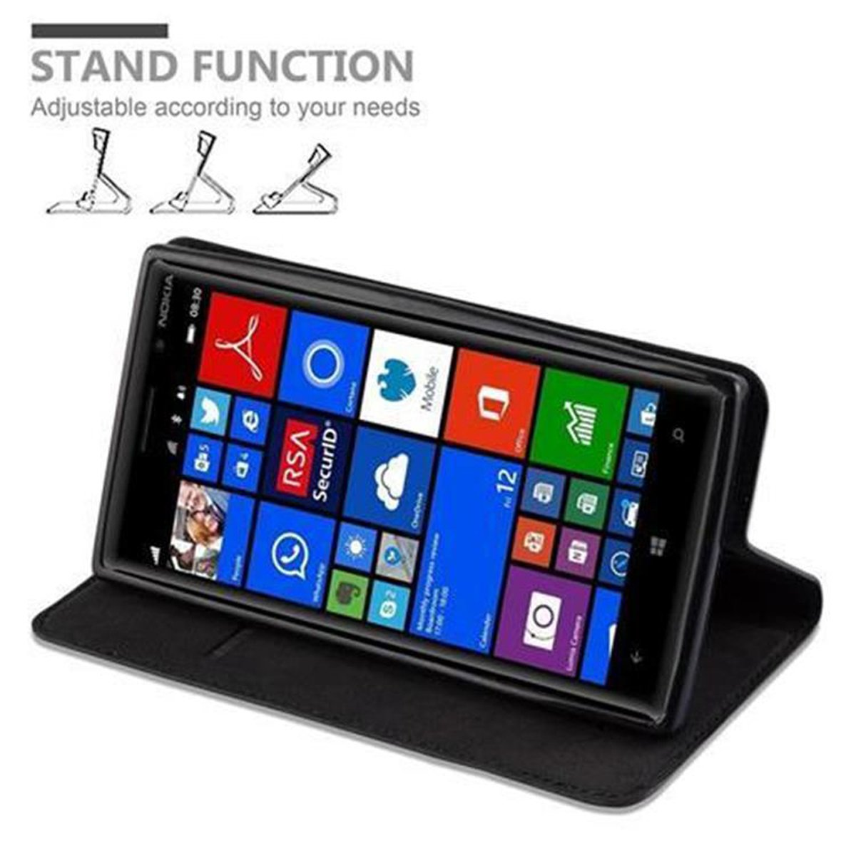 Schwarzes Telefon in Hülle mit Apps, auf schwarzem Gehäuse mit Standfunktion.