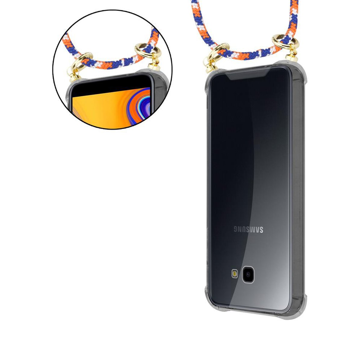 CADORABO Handy Kette WEIß Hülle, mit BLAU Backcover, und Samsung, Galaxy J4 Band ORANGE Ringen, PLUS, Gold Kordel abnehmbarer