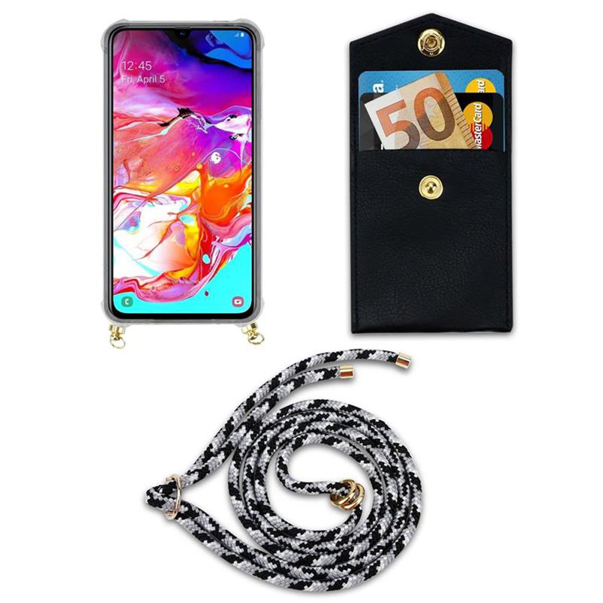 CADORABO Handy Kette SCHWARZ Gold Band Kordel Galaxy A70 Ringen, Samsung, mit CAMOUFLAGE und Backcover, A70s, / Hülle, abnehmbarer