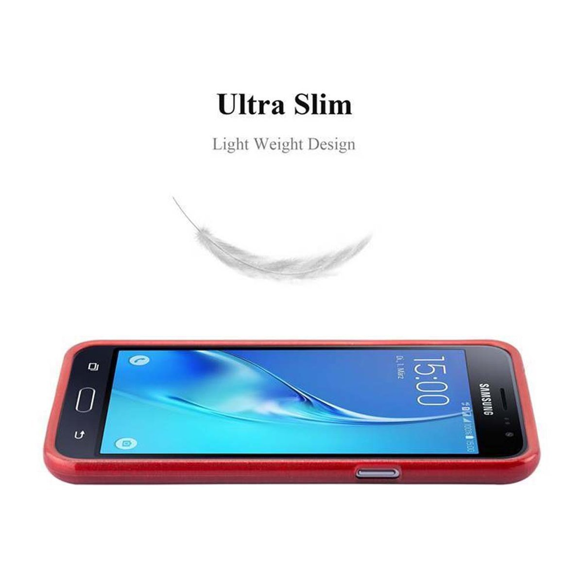 Rote Handyhülle. Das Telefon ist in der Hülle und zeigt den Bildschirm. Der Text lautet "Ultra Slim".