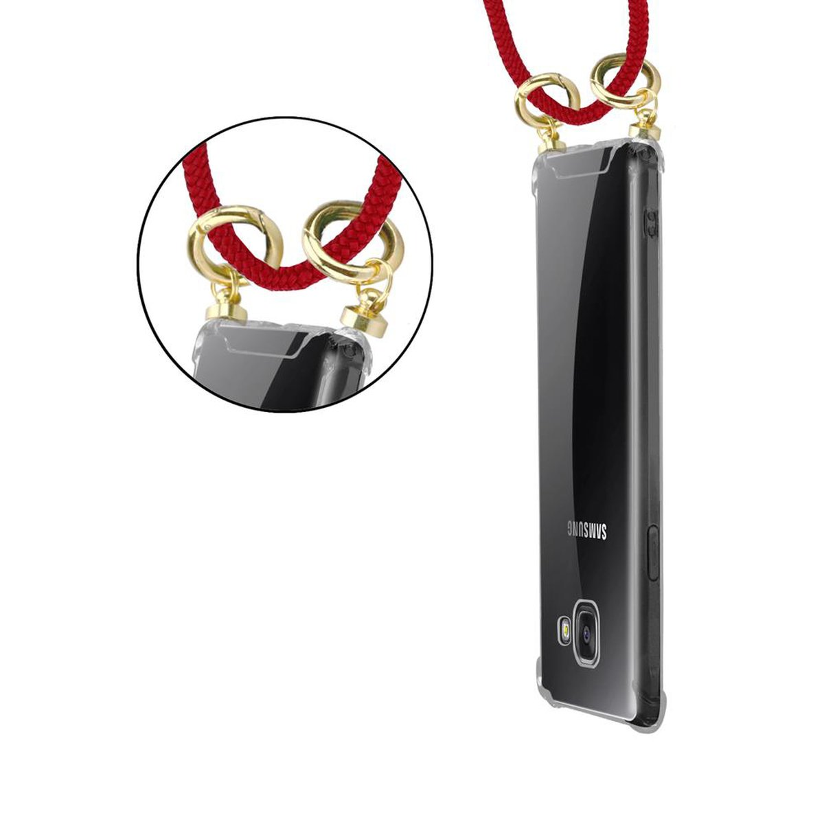 Un teléfono negro con una funda transparente y una correa roja. El teléfono está en una funda transparente, con una pantalla de inicio visible.