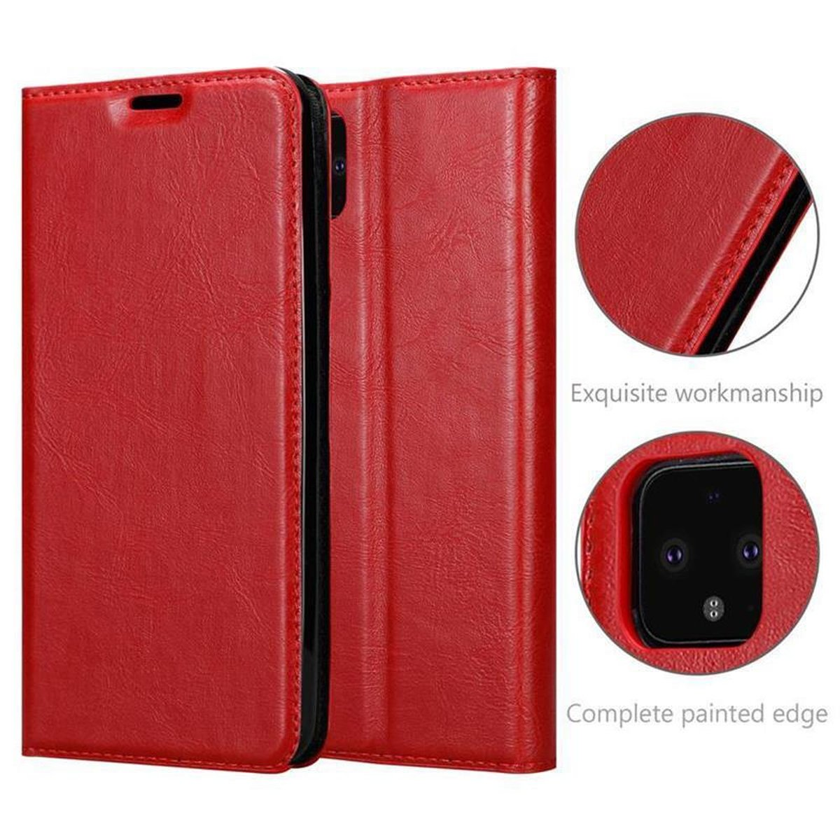Rote Handyhülle mit Cover und Telefon. Details zeigen exquisite Verarbeitung und lackierte Kante.