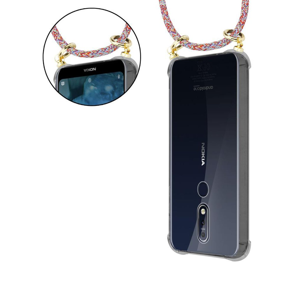 Transparente Handyhülle mit Kordel. Telefon zeigt Bildschirm mit „Nokia“. Hülle hängt.