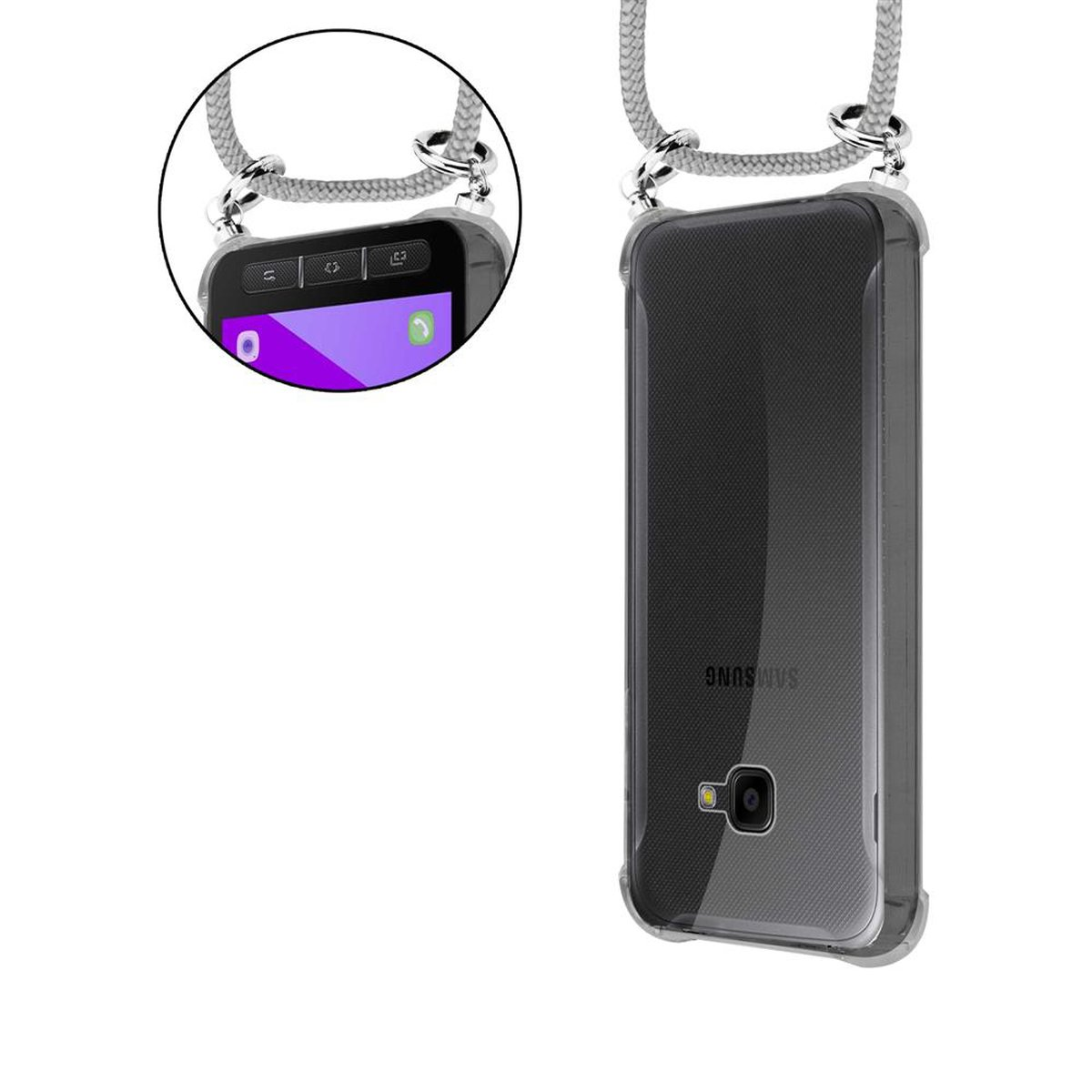 Due telefoni in custodie trasparenti con un cinturino grigio. È visibile lo schermo di un telefono.
