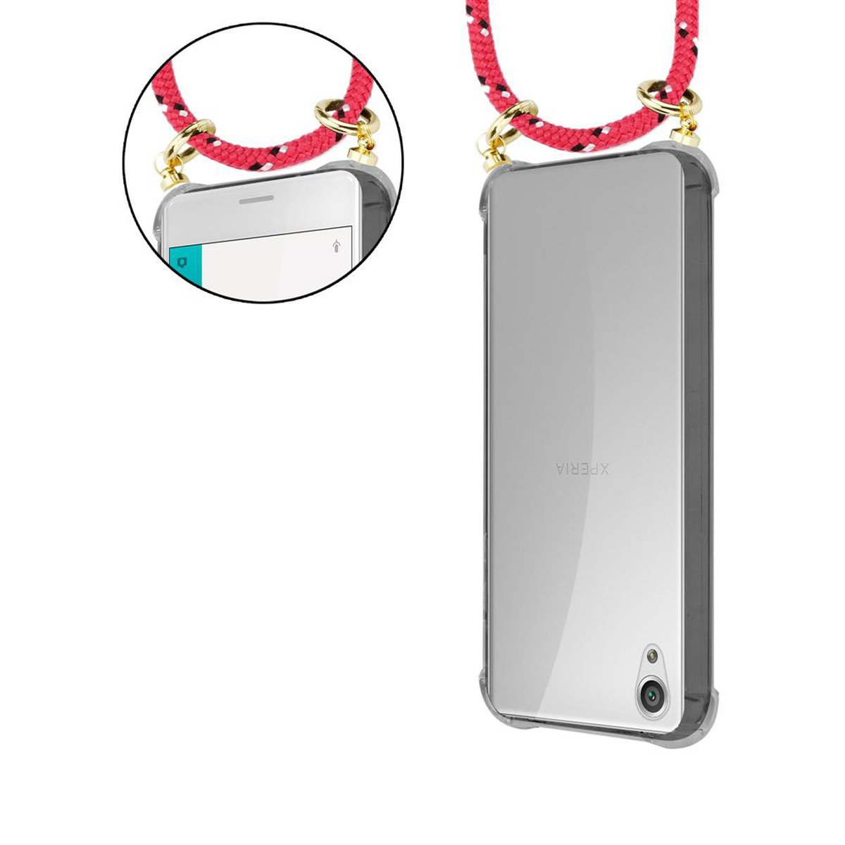 Telefon mit rotem Seil und goldenen Aufsätzen. Das Telefon ist eine transparente Hülle mit weißem Bildschirm.
