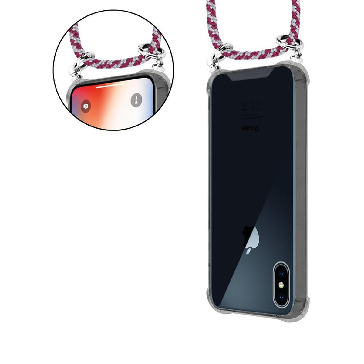 iPhone X in una custodia trasparente con un cordino. Lo sfondo mostra lo schermo di un iPhone.