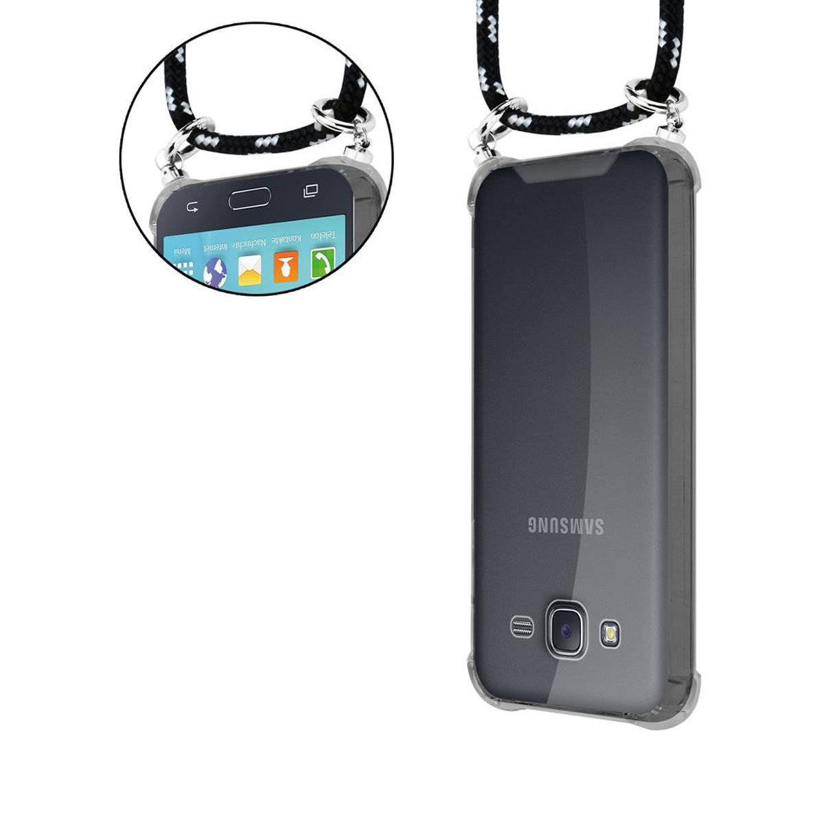 Samsung, 2015, Hülle, SILBER Silber Kordel und Ringen, mit Handy abnehmbarer Band Kette SCHWARZ Galaxy J5 Backcover, CADORABO