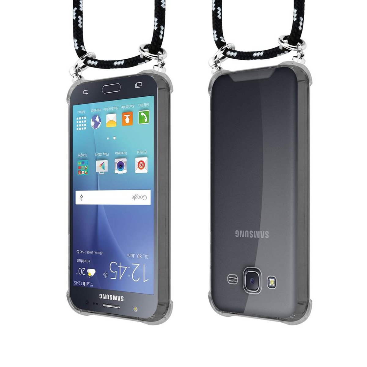 Samsung, 2015, Hülle, SILBER Silber Kordel und Ringen, mit Handy abnehmbarer Band Kette SCHWARZ Galaxy J5 Backcover, CADORABO