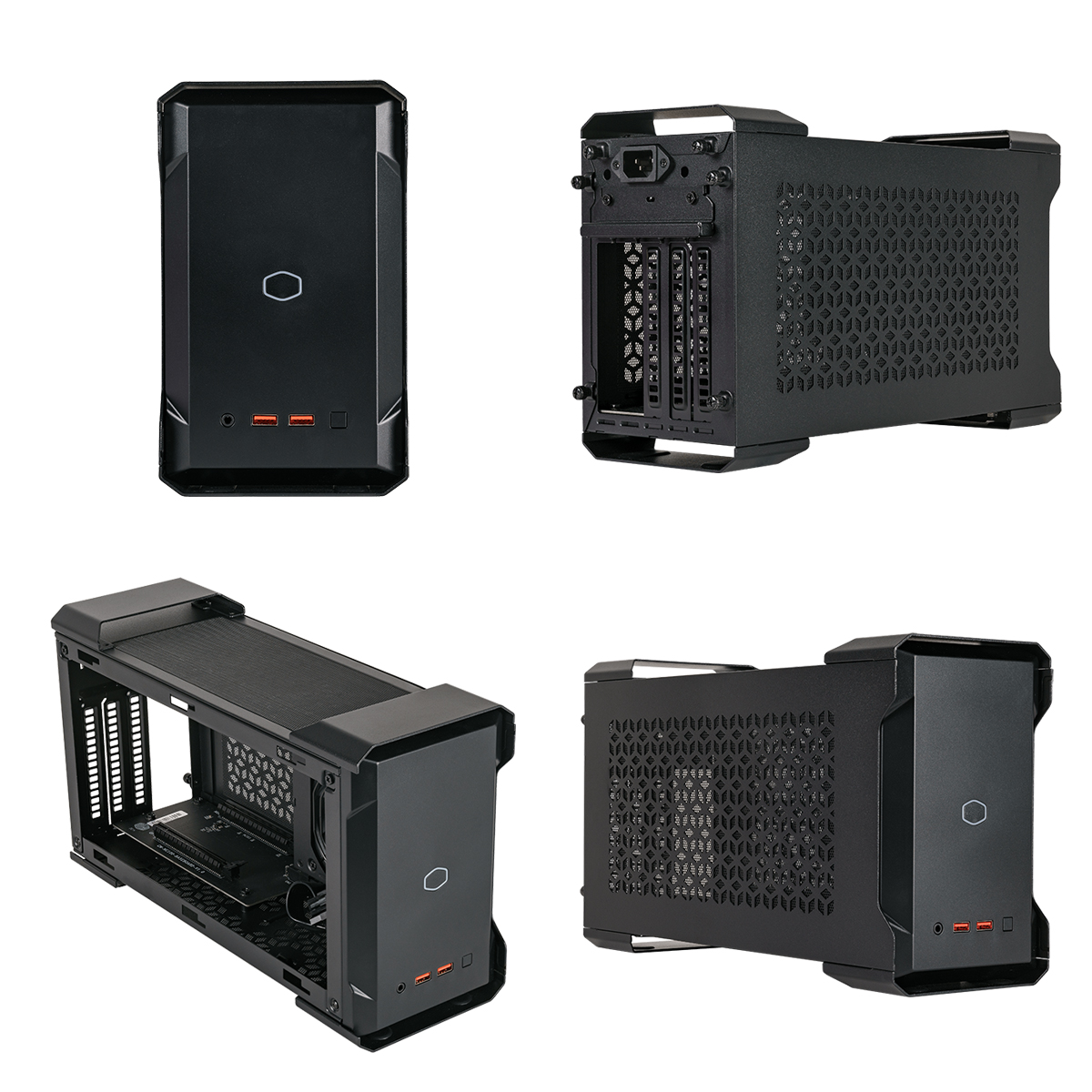 Czarna obudowa komputera w 4 widokach. Czerwone porty. Otwory wentylacyjne.