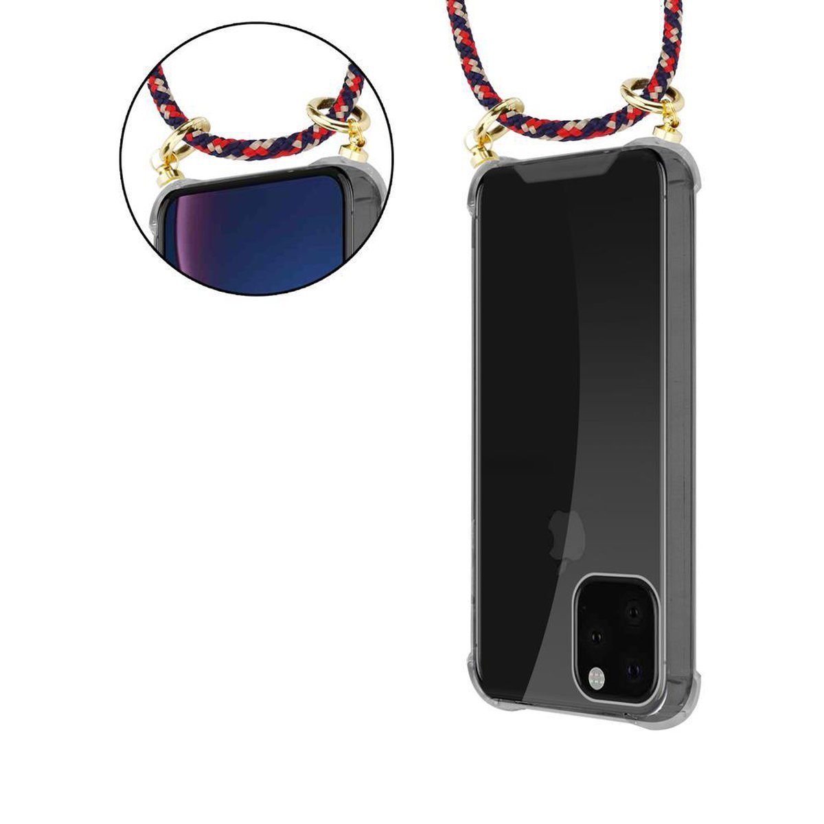 iPhone con custodia trasparente e cordino. Il cordino è multicolore, con attacchi color oro.