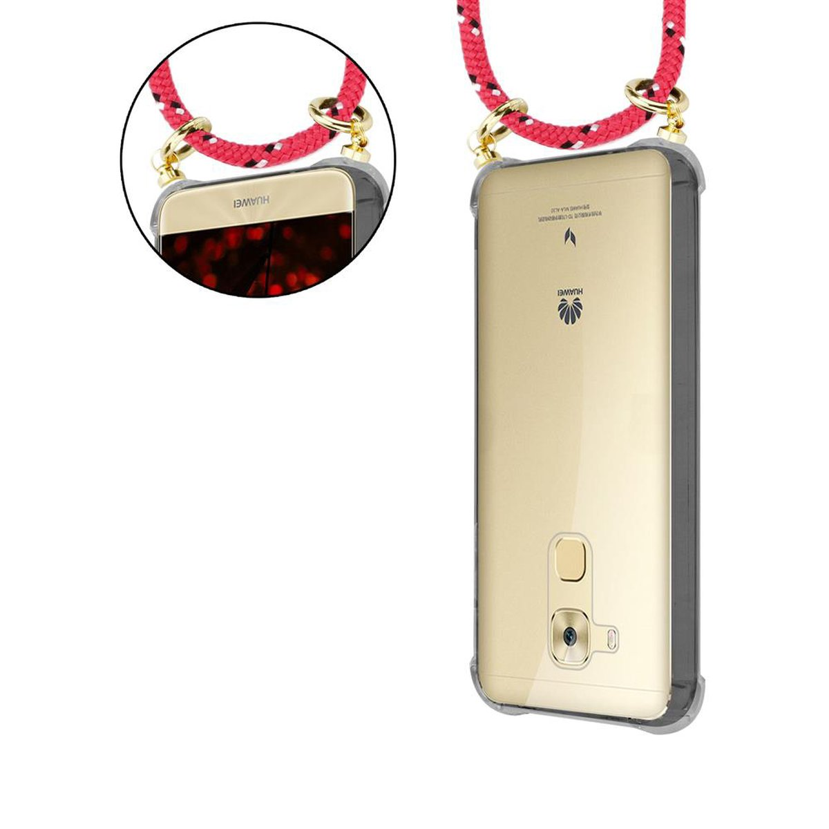 Telefono con custodia e cordino rosso. Lo schermo del telefono è rosso. Il retro è dorato con logo Huawei.