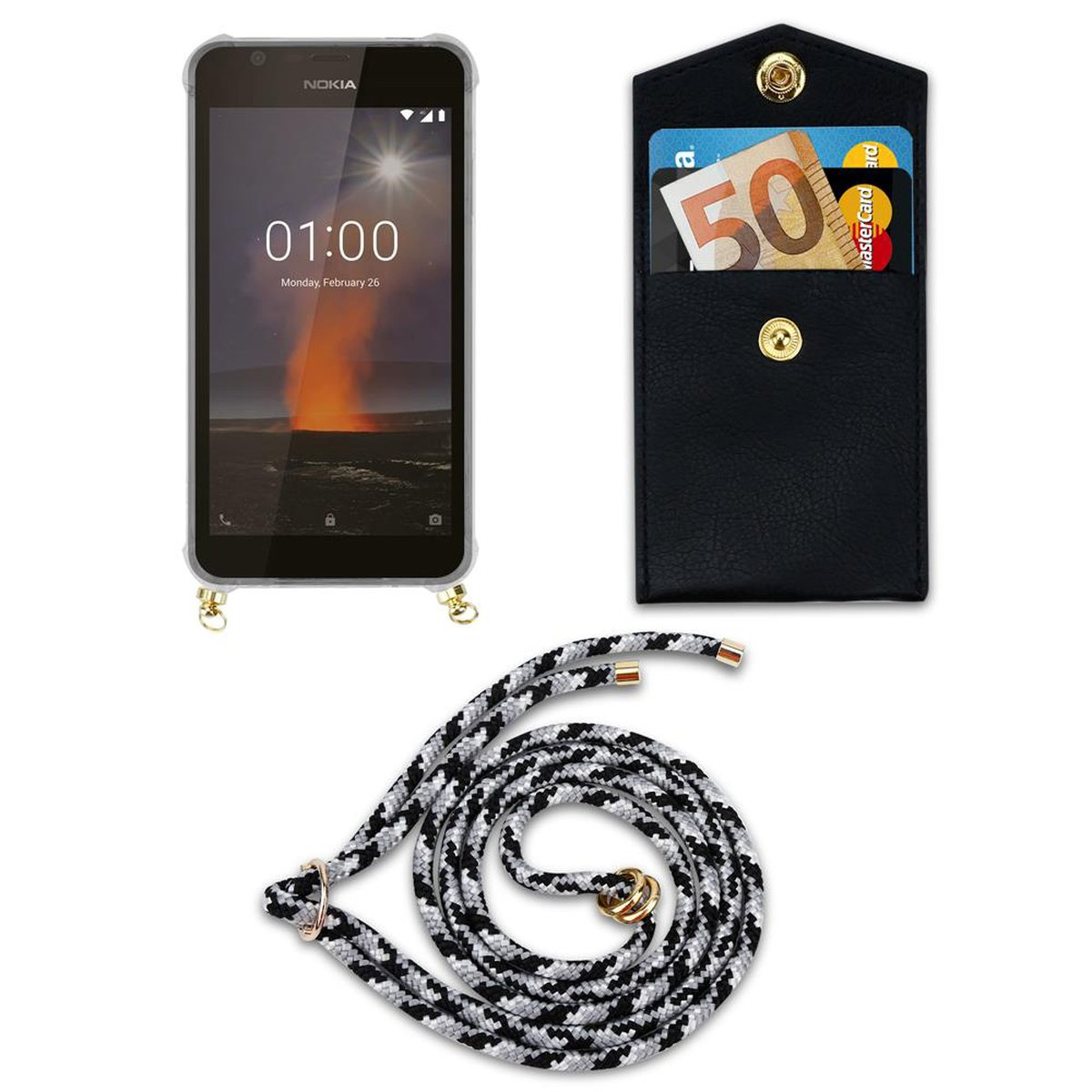 CADORABO Handy Kette mit Gold abnehmbarer SCHWARZ Band Hülle, Backcover, und CAMOUFLAGE 1 Ringen, Nokia, 2018, Kordel